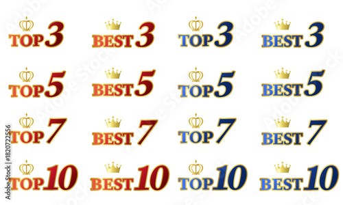 TOPとBESTのランキングロゴのイラストセット。赤と青をメインカラーにし、王冠を添えた光沢のあるデザイン。白背景にベクターイラスト。