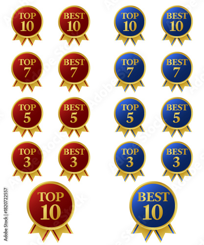 光沢のあるランキングのアイコンセット。BESTとTOPの文字。赤と青を基調に、リボンを添えたデザイン。白背景にベクターイラスト。