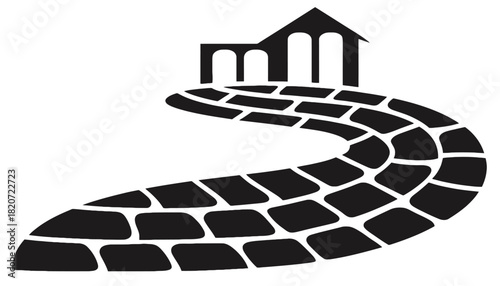 A black and white illustration of a winding brick road leading to a building