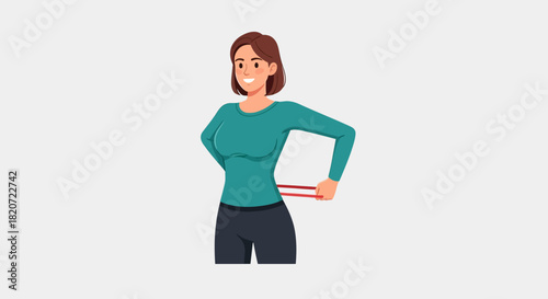 A cartoon woman measuring her waist with a red tape, smiling, representing fitness and body goals.