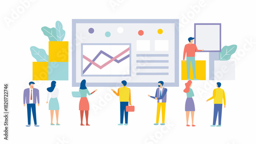 Diverse business professionals collaborate around a presentation board displaying charts and data fostering teamwork and strategic planning in a modern office setting