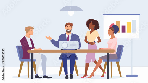 Diverse business professionals collaborate in a modern meeting room presenting data on a projector screen and whiteboard