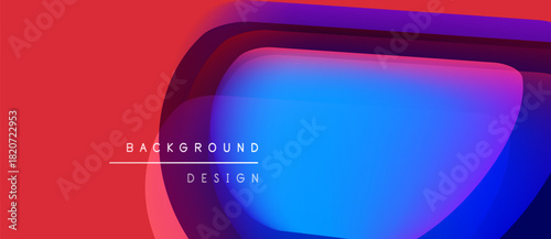 Abstract vibrant design features layered shapes, gradients. Red, blue, purple hues create dynamic visual effect. Minimalist text present.