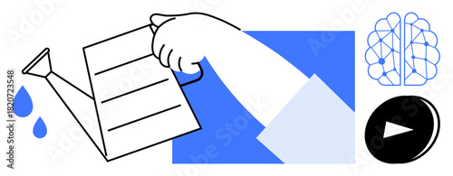 Hand pouring water from a watering can, droplets falling, digital brain, and play button. Ideal for innovation, technology, learning, creativity strategy progress growth. Simple flat metaphor