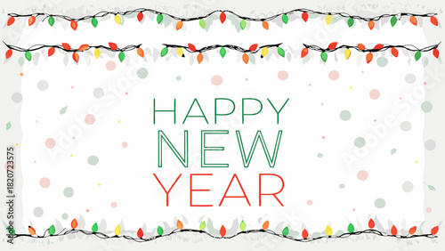 Festive happy new year greeting card with colorful string lights and scattered confetti on a textured white background