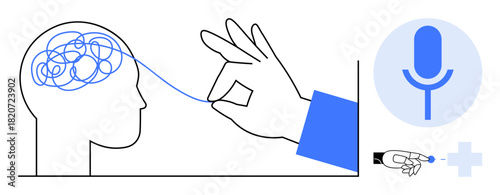 Hand pulling thread from tangled brain, microphone icon indicating voice technology, finger tapping digital add button. Ideal for problem-solving, innovation, mental clarity, AI interaction