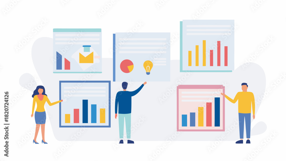 Obraz premium Business professionals presenting data charts and graphs on screens in a modern office setting illustrating analysis and strategy