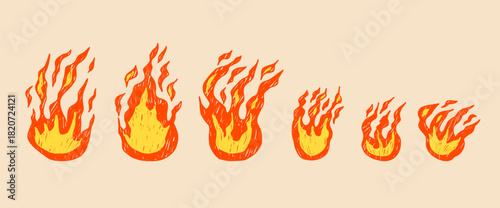 Hand-drawn campfire flames pastel collection. Doodle fire icons with rough brush strokes, perfect for graphic design projects and grunge illustrations. Vector crayon burning elements isolated.