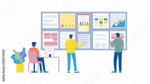 Team collaborates on a large display board filled with charts and documents discussing project progress and data analysis in a modern office setting