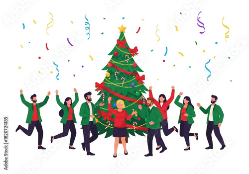 Happy people at a Christmas and New Year's corporate party. Positive men and women dancing and having fun. Set of modern vector characters. Christmas and New year greetings card on White background.
