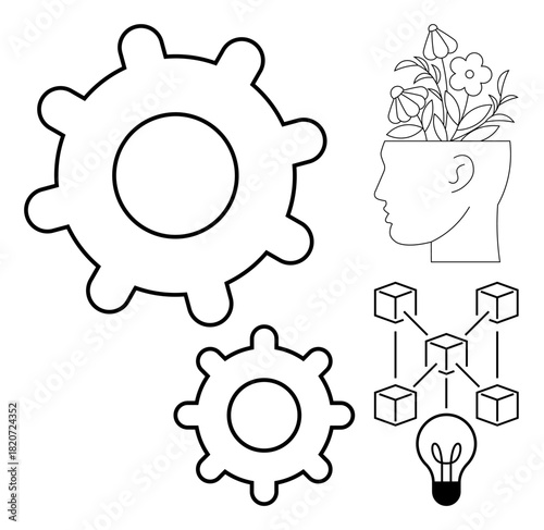Gears represent mechanisms, head with flowers symbolizes creativity, cubes and lightbulb signify innovation and connectivity. Ideal for teamwork, design, brainstorming, technology, innovation