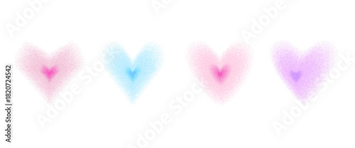 Grain pastel colors stipple gradient hearts icon. Dot gradation airbrush love symbols spray illustration. Vector grainy hearts blur figures with sand texture. Valentine sign isolated on transparent bg
