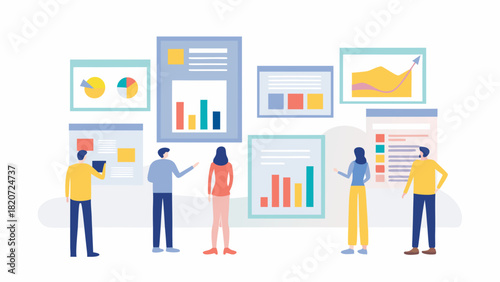 Diverse team collaborates on data analysis and presentation showcasing charts and graphs in a modern office setting