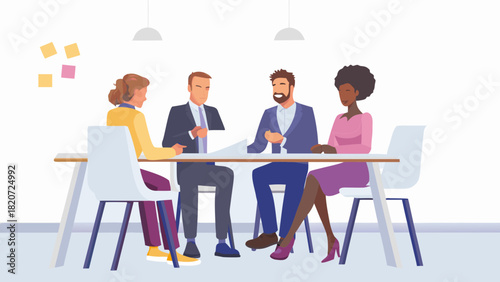 Diverse business professionals collaborating and discussing ideas around a conference table in a modern office setting with sticky notes on the wall