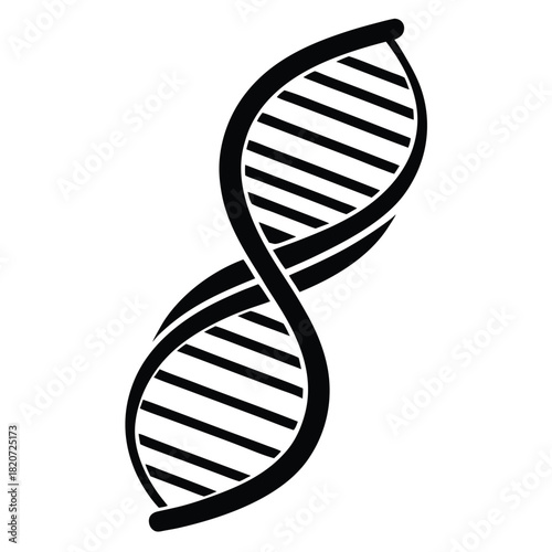 A simplified black and white DNA strand with a double helix structure is featured