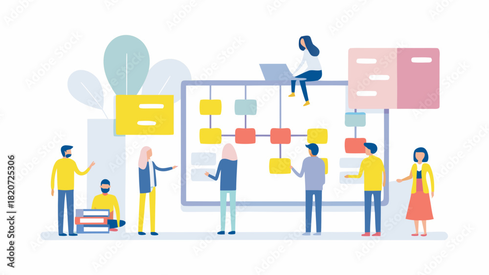 Fototapeta premium Diverse team collaborates on a colorful flowchart brainstorming ideas and planning projects with a laptop and stacks of books