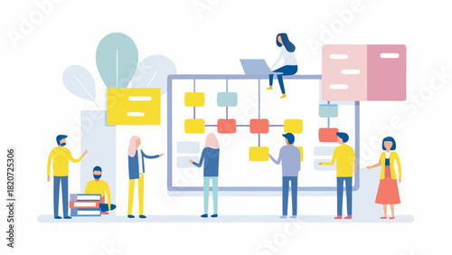 Diverse team collaborates on a colorful flowchart brainstorming ideas and planning projects with a laptop and stacks of books