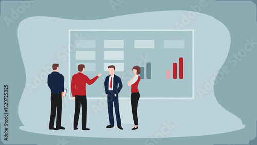 Diverse team of professionals collaborating and discussing business strategy in a modern office setting with a presentation board