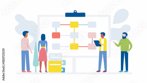 Diverse team collaborates on a colorful flowchart presented on a whiteboard during a business meeting
