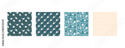 Seamless patterns collection of Dove of peace. Folk birds and olive motif background set. Pigeons repeat background. Vector hand drawn doves prints. Allover stripes and bento grid hand drawn bg.