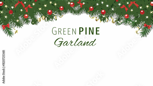 Festive green pine garland with red ornaments and gold ribbons for holiday decorations