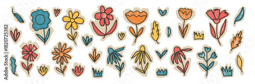 Hand drawn crayon flowers cut outs. Garden plants cutout set. Kids pieces of paper collage grass and wildflower shapes. Vector scrapbook naive sticker floral elements. Scrap doodles pencil texture.