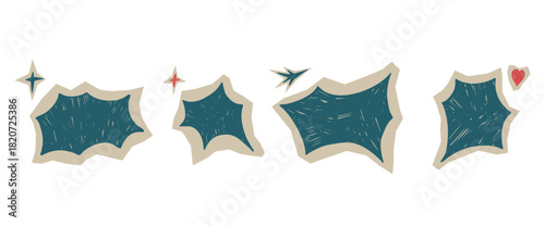 Bangs text boxes cutout sticker frames. Crayon scrapbook callout set. Speech balloon shapes. Vector hand drawn illustration no background. Bg doodle comic paper for promo text. Charcoal border shape.