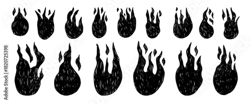 Charcoal or brush ink campfire set. Vector flame illustrations with crayon and charcoal effects. Collection of rough grunge textured blazing icon shapes. Punk aesthetics crayon pencil fire symbols.