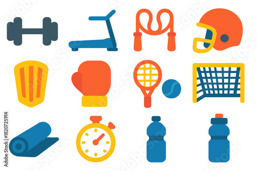 Vibrant Sports Icons. Flat vector icons of sports equipment: dumbbell, treadmill, jump rope, helmet, shin guard, boxing glove,