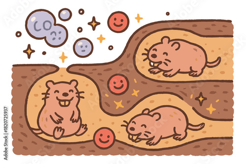 Cheerful Mole-Rats Tunnels. Cheerful doodle oxygen deprivation tolerance scene with happy mole-rats in tunnels, cartoon bubbles
