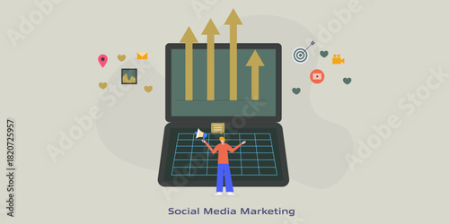 Dynamic arrows soaring from laptop screen, digital marketer deliver message through megaphone, precise and aligned with social media marketing content. 