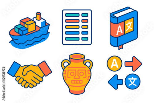 Linguistic Exchange Icons. Isometric vector illustration set Loanwords and Contact: trade ship, shared word list, bilingual