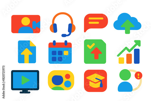Remote Learning Icons. Flat vector icons of remote learning: video call, headset, chat bubble, document sharing, cloud storage,
