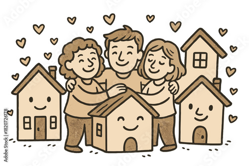 Friendly Neighborhood Hug. Whimsical doodle community support scene with smiling neighbors hugging, cheerful shelters with faces,