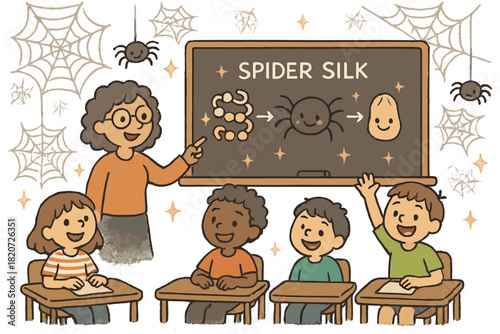 Spider Silk Classroom. Whimsical doodle spider silk classroom with happy students, cartoon webs floating, smiling protein chains,