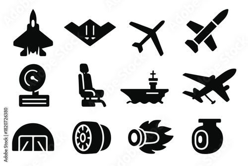 Military Aircraft Icons. Solid style icons of military aircraft: fighter jet, stealth bomber, drone, missile, radar system, pilot