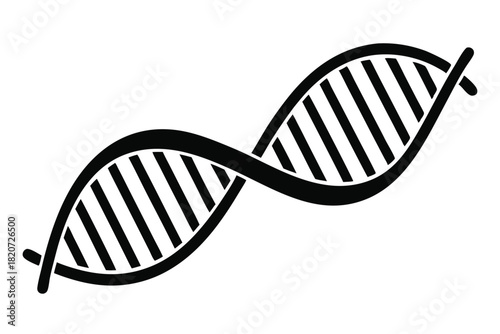Black double helix illustration shows genetic code and molecular structure on a white backdrop