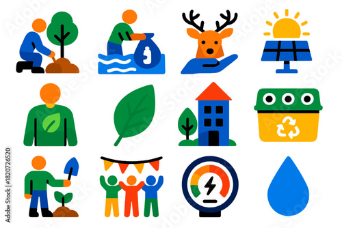 Eco Initiative Icons. Flat vector icons of conservation initiatives: tree planting, river cleanup, wildlife protection, solar