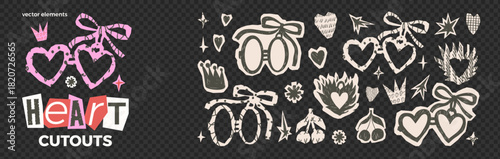 Heart in a fire, pair locket paper cutout stickers. Charcoal doodle cherry, crown, star, and bow coquette, asterisk doodle collage elements for Valentine. Scrapbook cut out scrawl. Vector scribbles.