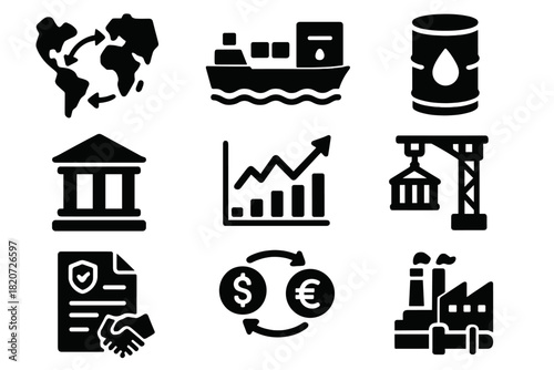 Economic Geopolitics Icons. Solid style icons of economic geopolitics: trade route, cargo ship, oil barrel, bank building, stock