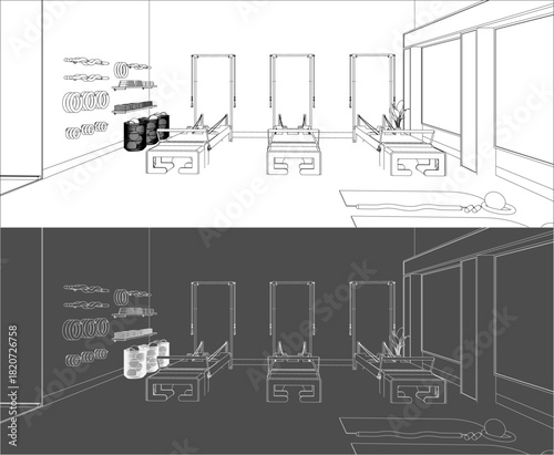 Symmetrical Group Pilates Studio Layout with Three Reformer Towers and Equipment Storage Sketch