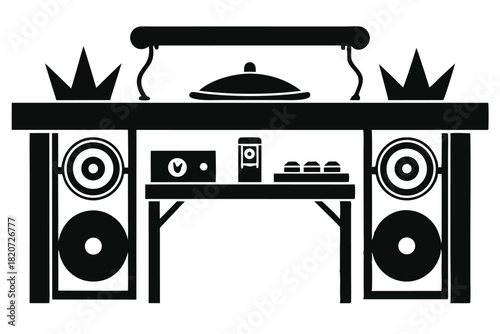 Silhouette art shows an audio console with crowns, speakers, and covered dishes displayed