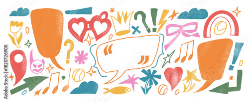 Crayon speech bubbles and funky quote boxes for happy designs. Irregular clouds and callouts look like children’s drawings. Vector cheerful doodle set in red, pink, and yellow with messy noise texture