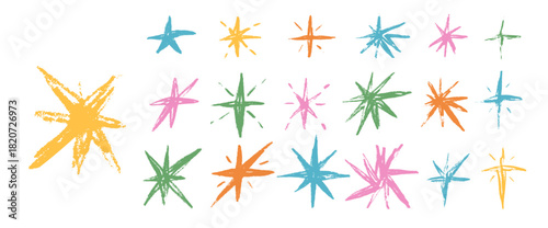 Colorful hand drawn stars. Crayon twinkles spark set. Oil pastel scribble twinkles collection. Kids paint stickers blinks. Christmas childish blue, pink simple. Vector asterisk isolated no background.