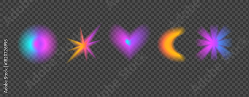 Y2K-inspired gradient heart, spark elements with holographic blur, smooth fade transitions. Vibrant transparent shapes featuring soft mesh effects, neon glow and retro aesthetic no bg. Aura gradation.