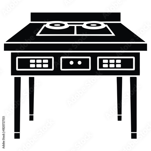 The black kitchen island boasts two burner hobs and handy drawer storage space