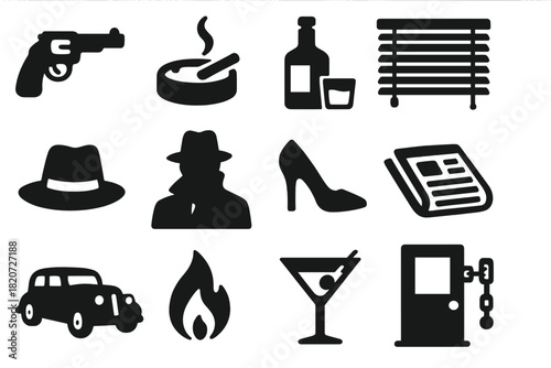 Noir Icon Collection. Solid style icons of Noir Atmosphere: Revolver, Ashtray, Whiskey Bottle, Venetian Blind, Fedora Hat, Shadow