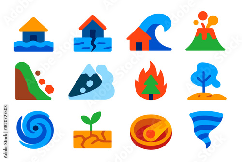 Natural Disaster Icons. Flat vector icons of Natural Disasters: Flood, Earthquake, Tsunami, Volcanic Eruption, Landslide,