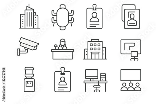Corporate Icon Set. Line style icons of corporate environment: skyscraper, conference table, ID badge, elevator; security camera,
