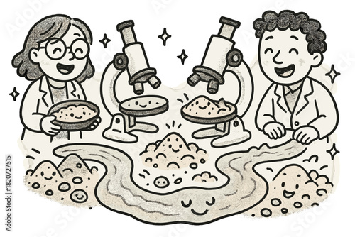 Cheerful Sediment Analysis. Joyful doodle river sediment lab with happy researchers, cartoon microscopes observing cheerful sand